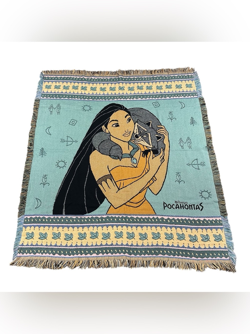 Vintage 1995 Disney Pocahontas Meeko Beacon Woven Tapestry Throw Blanket USA